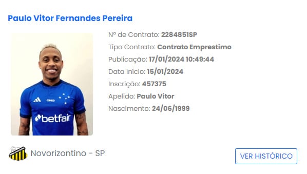Emprestado pelo Cruzeiro, Paulo Vitor é registrado no BID pelo Novorizontino