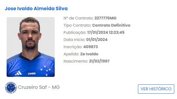 Zagueiro Zé Ivaldo é registrado no BID pelo Cruzeiro